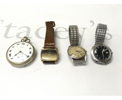 Three wrist watches including a Tissot which runs and a button wind pocket watch which winds and runs. Postage B