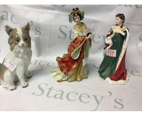 A collection of figures including a Nao dog figurine, the Danbury Mint Jade Empress figure by Lena Liu and a Vintage Royal Do