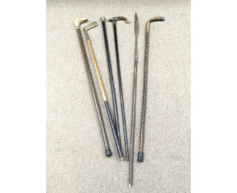 A Collection of walking sticks including an ebonised wooden stick with a horn handle and silver hallmarked collar, bird head 