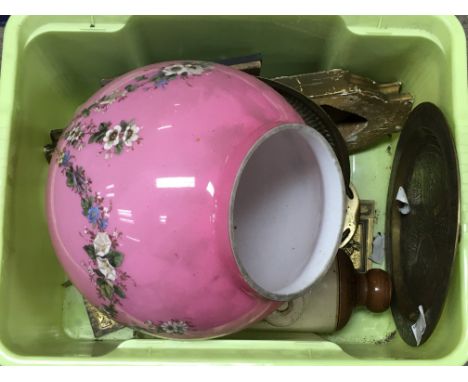 A large glass pink lamp shade with hand painted floral decoration , Indian ware brass dish