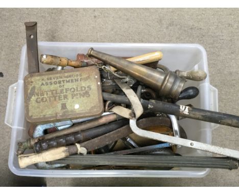A Collection of various vintage tools including a baton, sickle, chisel