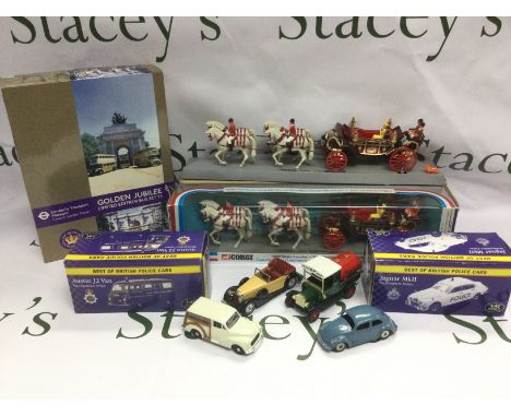 A collection of die cast vehicles comprising two boxed Corgi 1902 State Landaus, a limited edition Golden Jubilee bus set etc