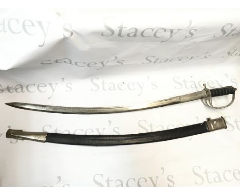 An Indian sword with scabbard and patterned blade design decoration. Blade 77 full length 90cm