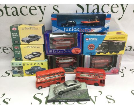 A box of die cast vehicles comprising mainly boxed examples including Corgi, Vanguards, Maisto and others.