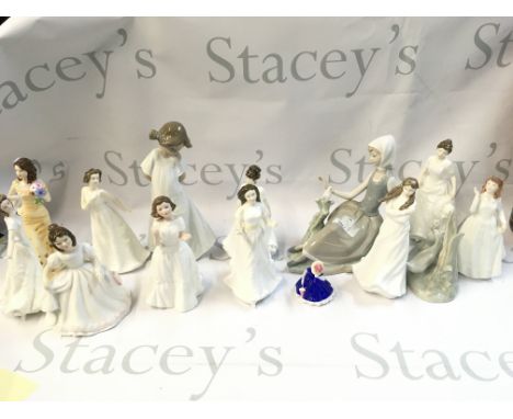 A collection of porcelain figures including Royal Doulton, Nao, Lladro