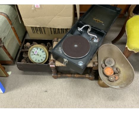 a small collection to include, Columbia portable gramophone, Avery scales, oak stool, Chinese basket, brass wall clock.