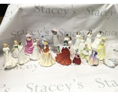 A Collection of mostly boxed porcelain figures including Royal Doulton Autumn Scroll, Cherish, Winters Day, Dinky Do, Nao fig
