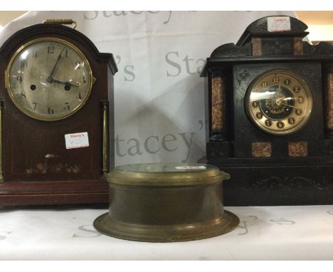 3 antique clocks, slate and marble mantle clock, brass ships clock and an oak mantle clocks with German movement key and pend