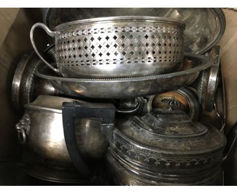 A collection of silver plate including dishes, candlestick and and antique Victorian pot.
