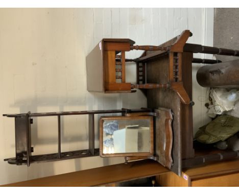 A small Victorian oak side table, dressing table mirror, modern fret work style wall shelf, small folding occasional table.