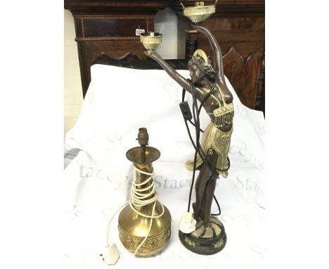 Two vintage lamps including an imitation bronze woman lamp (72cm tall) and a brass lamp made in Tiel, Holland