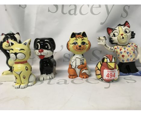 A collection of 6 rare Lorna Bailey figurines, including Bullseye the Darts cat, a wise monkey cat, Leo the Cat, Bengo Dog, H
