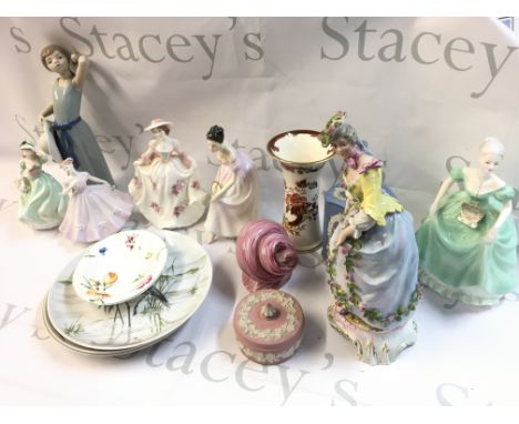 A Collection of porcelain figures including a German figure, Royal Doulton, Lladro, Wedgewood vase and container