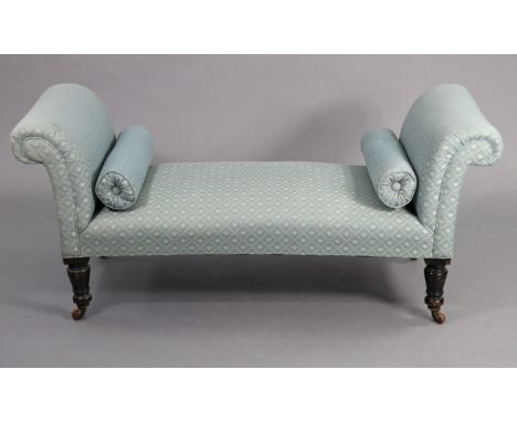 A Victorian window seat upholstered light blue silk damask, with pair of bolster cushions, on short turned &amp; ebonise tape