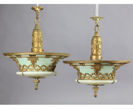 A pair of 20th century opalescent glass &amp; gilt-metal circular ceiling light fittings of pale blue ground, flared form, &a