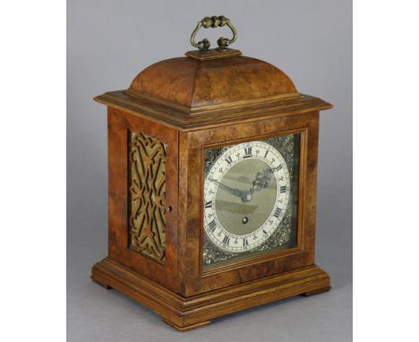 A 20th century burr-walnut veneered bracket clock, 8½” wide x 12” high x 7¼” deep (lacking pendulum, etc.)