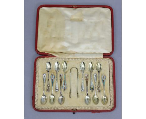 A set of twelve Sterling &amp; coloured enamel harlequin coffee spoons &amp; sugar tongs, by Gorham &amp; Co., in fitted case