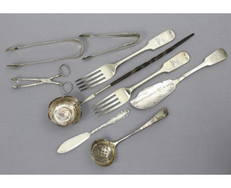 A pair of Victorian silver Fiddle pattern table forks, London 1851 by Haynes &amp; Cater; a Georgian Fiddle pattern butter kn