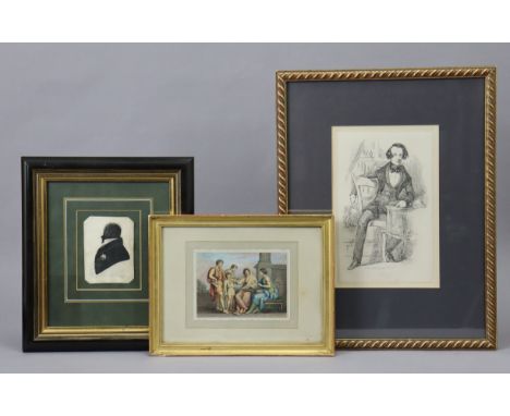 An early 19th century silhouette portrait miniature of George IV, 4¼” x 3¼”; a 19th century engraving of Charles Dickens (”Bo