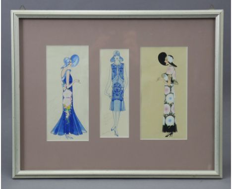 A set of six 1930’s Art Deco fashion designs, mostly coloured &amp; with annotations; pencil, watercolour &amp; bodycolour, a