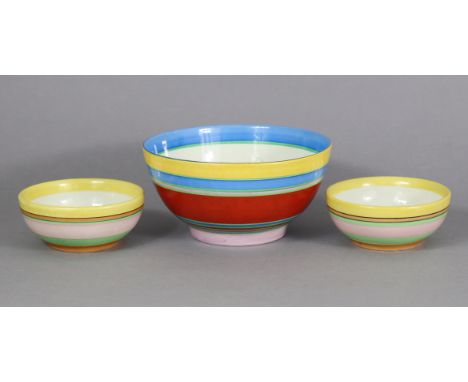 A Clarice Cliff 7½” deep bowl with brightly-coloured banded decoration to the exterior; &amp; a pair of similar Wilkinson pot