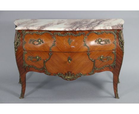 A MEUBLES FRANCAIS Ltd Louis XVI style kingwood commode of serpentine bombe shape with marble top &amp; gilt-metal mounts, fi