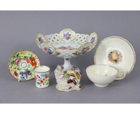 A Meissen porcelain floral-decorated comport with pierced &amp; gilt lobed rim, 9” x 5¾”; a Hammersley Queen Anne coffee can 