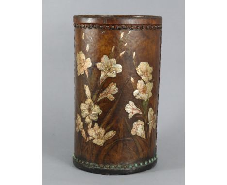 A George Hulbe of Hamburg arts &amp; crafts leather-covered stick-stand or waste paper bin, decorated with sprays of lillies 