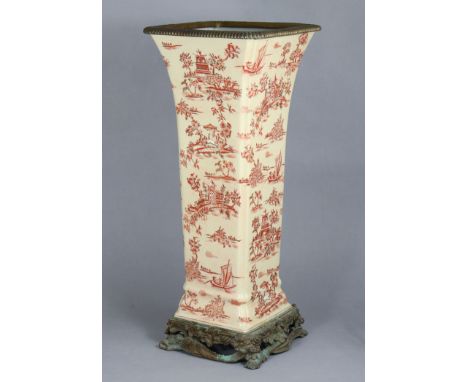 A continental porcelain large square vase or stick-stand with painted chinoiserie decoration in red on a cream ground, &amp; 