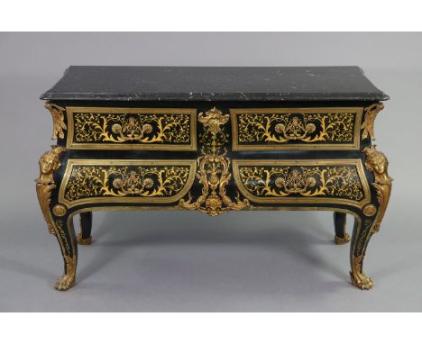 A MEUBLES FRANCAIS Ltd Louis XVI style commode of bombe shape, with rectangular black marble top &amp; gilt-metal mounts, all