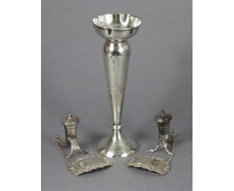 A silver posy vase of slender tapered form, on round turned foot with engraved inscription, 7½”, Birmingham 1920; a pair of m