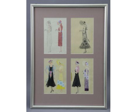 A set of eight 1930’s Art Deco fashion designs, mostly coloured &amp; with annotations; pencil, watercolour, &amp; bodycolour