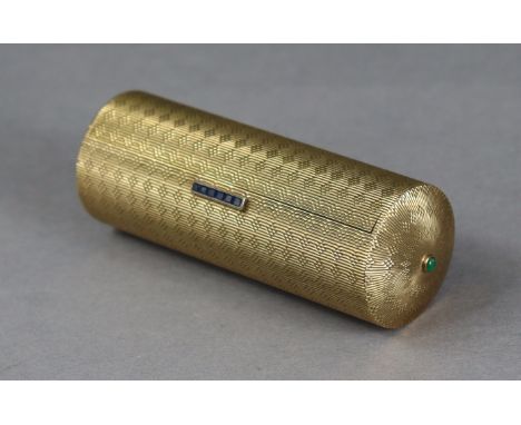 A 9ct GOLD GEM-SET CYLINDRICAL BOX by ROY CECIL KING, with all-over engine-turned decoration, the sprung hinged cover with na