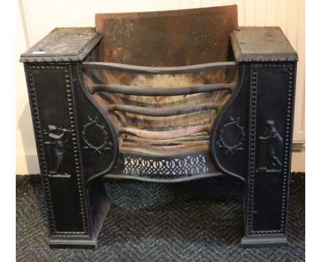 A Victorian cast-iron fire grate of rectangular form with serpentine front &amp; pair of hob stands, decorated with classical