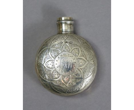 A Victorian silver ‘pilgrim’ spirit flask with engraved stylised decoration &amp; monogram, cylindrical screw cap, 3¼” high, 