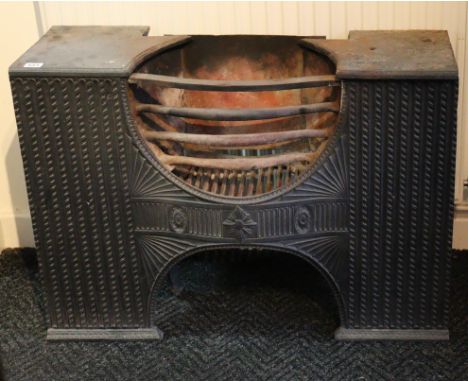 A Victorian cast-iron fire grate of rectangular form with serpentine front &amp; pair of hob stands, decorated with classical