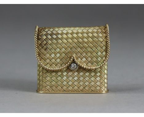 A mid-20th century yellow metal ladies’ cigarette lighter in the form of a basket-weave purse with hinged cover, diamond-set 