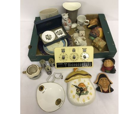A box of assorted ceramics to include a boxed Royal Worcester pin dish and pot.  Together with a Clarice Cliff plate and sauc