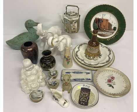 A box of mixed ceramics. To include hand painted delft blue pin tray and Maling pepper pot.  Together with elephant figures a