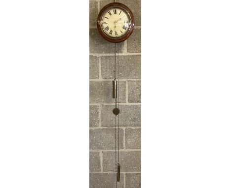 A late 19th century postman's alarm wall clock with chain driven movement.  Mahogany cased dial with roman numeral markers an