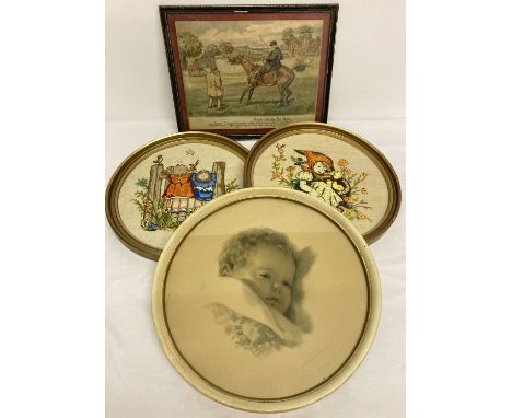 A framed and glazed vintage print "Popple and the Postman" by C H Jalland.  Together with 2 framed Hummel embroidered picture