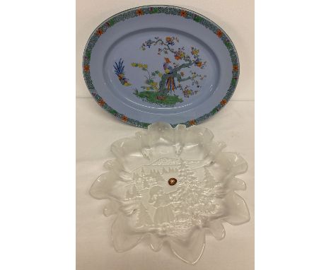 A blue glazed, oval shaped ceramic serving plate by Copeland Spode.  Together with a glass Christmas dish by Original Walther