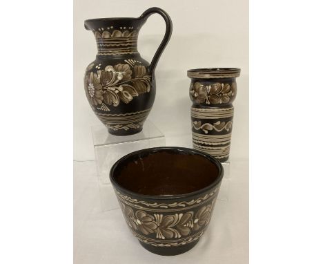 3 pieces of Mid Century brown &amp; cream hand painted Hungarian pottery, marked to base MHV.  Comprising: large jug, planter