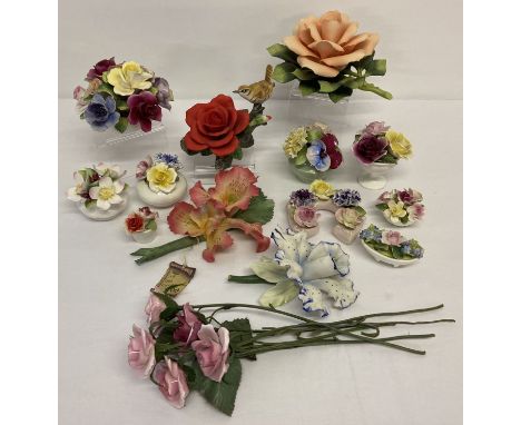 A box of assorted ceramic flower and posy ornaments.  To include: Capodimonte, Royal Albert, Crown Staffordshire. 