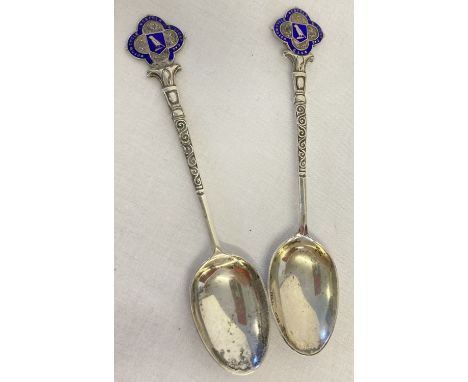  2 Norfolk Motor Cycle &amp; Light Car Club silver spoons with blue enamel and canary detail.  Both hallmarked Birmingham 192