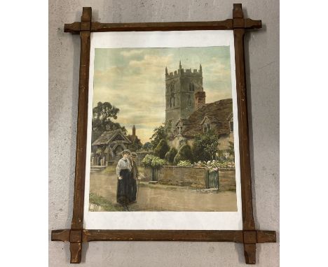 A framed and glazed vintage print of people in period dress leaving a rural church.  In a dark pine criss cross frame.  Frame