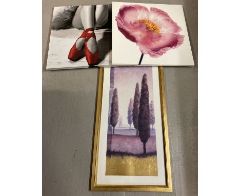  A modern gilt framed and glazed print of trees with gilt detail.  Together with two modern printed canvas pictures.  Glazed 