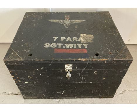 A vintage painted black wooden trunk with painted Paratroopers logo and "7 Para Sgt. Witt" to top.   Approx. 37cm tall x 58cm