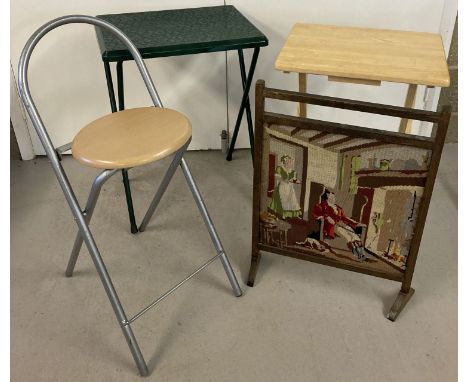 A vintage wooden framed tapestry fire screen together with 2 modern small folding tables. And a modern folding kitchen stool.