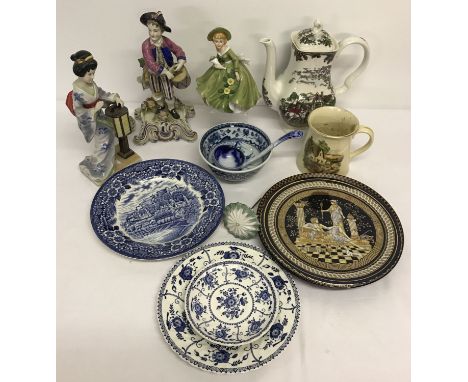 A box of mixed ceramics to include blue and white sauce ladle, decorative plates and figurines.  